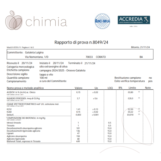 Olio e.v.o. 100% coratina in lattina da 3 lt