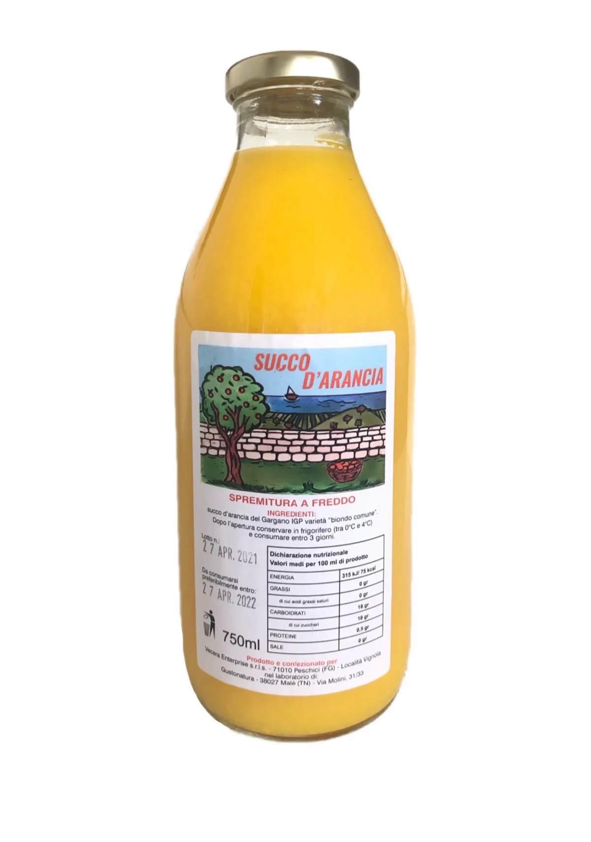 Succo d'arancia del gargano bottiglia in vetro da 750 ml